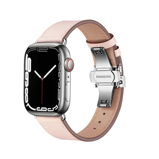 Butterfly Buckle Genuine Leather Watch Band For Apple Watch Ultra 49mm&Watch Ultra 2 49mm / Series 9&8&7 45mm / SE 3&SE 2&6&SE&5&4 44mm / 3&2&1 42mm(Light Pink+Silver Buckle) - Watch Bands by buy2fix | Online Shopping UK | buy2fix
