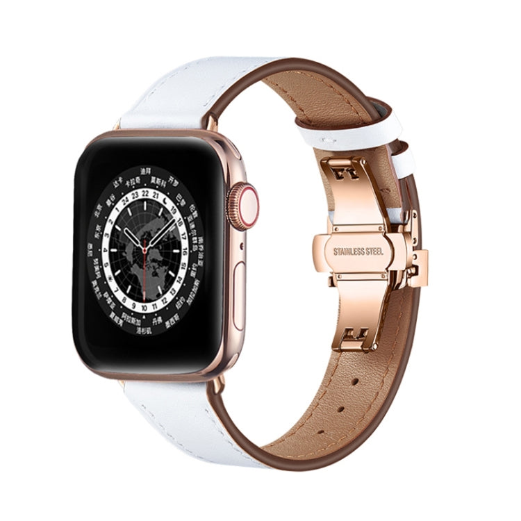 Butterfly Buckle Genuine Leather Watch Band For Apple Watch Ultra 49mm&Watch Ultra 2 49mm / Series 9&8&7 45mm / SE 3&SE 2&6&SE&5&4 44mm / 3&2&1 42mm(White+Rose Gold Buckle) by buy2fix