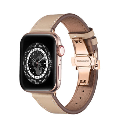 Butterfly Buckle Genuine Leather Watch Band For Apple Watch Ultra 49mm&Watch Ultra 2 49mm / Series 9&8&7 45mm / SE 3&SE 2&6&SE&5&4 44mm / 3&2&1 42mm(Apricot+Rose Gold Buckle) by buy2fix