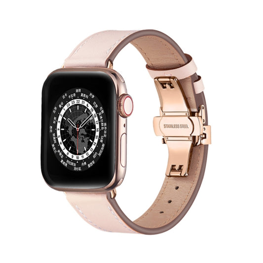 Butterfly Buckle Genuine Leather Watch Band For Apple Watch Ultra 49mm&Watch Ultra 2 49mm / Series 9&8&7 45mm / SE 3&SE 2&6&SE&5&4 44mm / 3&2&1 42mm(Light Pink+Rose Gold Buckle) - Watch Bands by buy2fix | Online Shopping UK | buy2fix