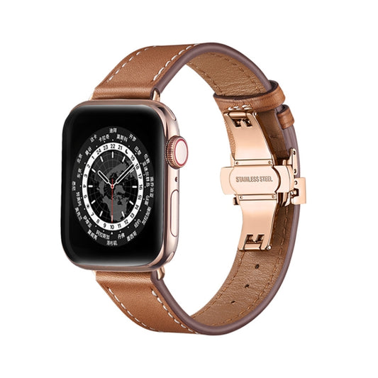 Butterfly Buckle Genuine Leather Watch Band For Apple Watch Ultra 49mm&Watch Ultra 2 49mm / Series 9&8&7 45mm / SE 3&SE 2&6&SE&5&4 44mm / 3&2&1 42mm(Brown+Rose Gold Buckle) - Watch Bands by buy2fix | Online Shopping UK | buy2fix