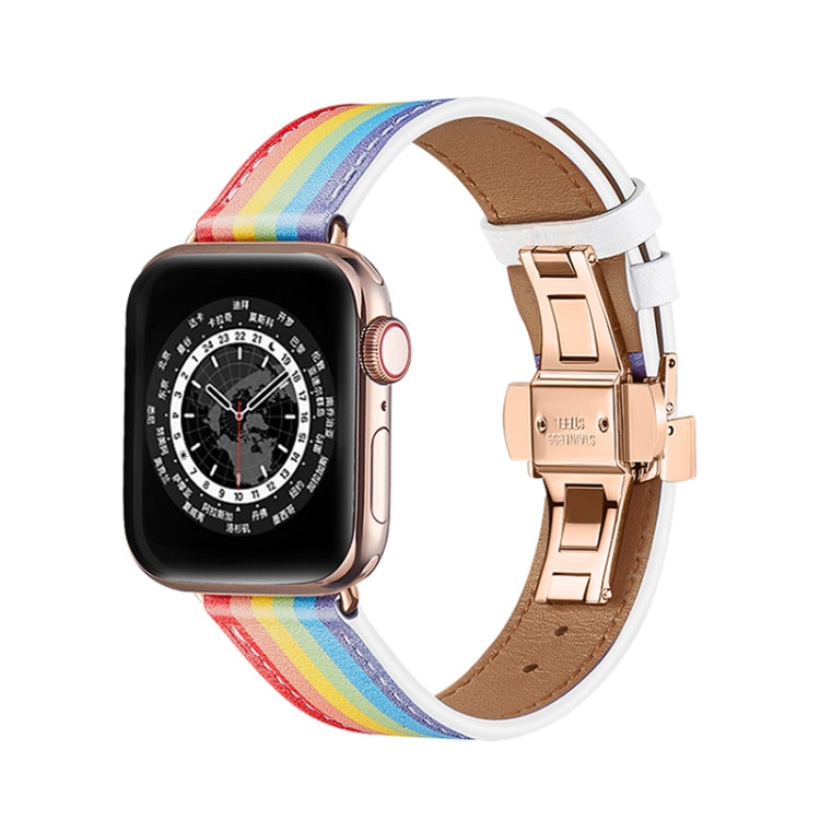 Butterfly Buckle Genuine Leather Watch Band For Apple Watch Ultra 49mm&Watch Ultra 2 49mm / Series 9&8&7 45mm / SE 3&SE 2&6&SE&5&4 44mm / 3&2&1 42mm(Rainbow+Rose Gold Buckle) by buy2fix