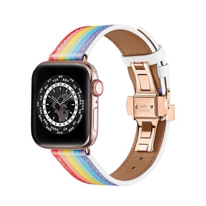 Butterfly Buckle Genuine Leather Watch Band For Apple Watch Ultra 49mm&Watch Ultra 2 49mm / Series 9&8&7 45mm / SE 3&SE 2&6&SE&5&4 44mm / 3&2&1 42mm(Rainbow+Rose Gold Buckle) by buy2fix