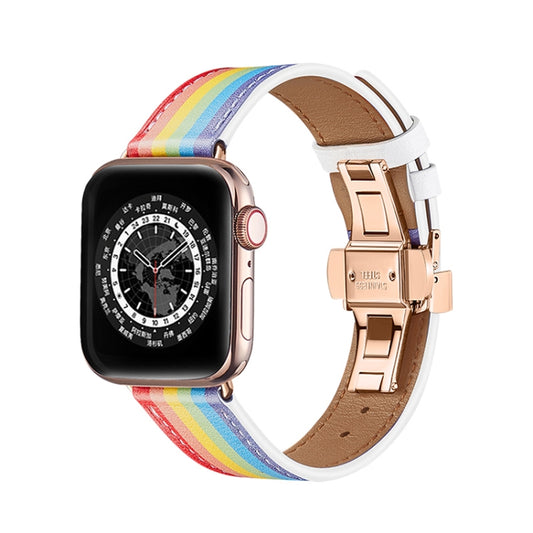Butterfly Buckle Genuine Leather Watch Band For Apple Watch Ultra 49mm&Watch Ultra 2 49mm / Series 9&8&7 45mm / SE 3&SE 2&6&SE&5&4 44mm / 3&2&1 42mm(Rainbow+Rose Gold Buckle) - Watch Bands by buy2fix | Online Shopping UK | buy2fix