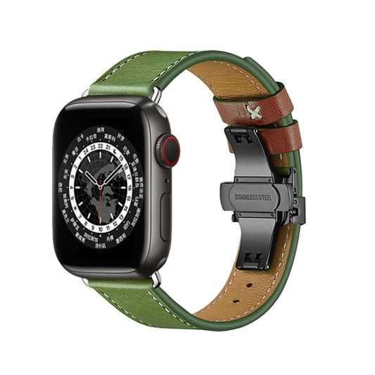 Butterfly Buckle Genuine Leather Watch Band For Apple Watch Series 9&8&7 41mm / SE 3&SE 2&6&SE&5&4 40mm / 3&2&1 38mm(Green+Black Buckle) - Watch Bands by buy2fix | Online Shopping UK | buy2fix