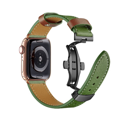 Butterfly Buckle Genuine Leather Watch Band For Apple Watch Series 9&8&7 41mm / SE 3&SE 2&6&SE&5&4 40mm / 3&2&1 38mm(Green+Black Buckle) by buy2fix