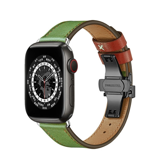 Butterfly Buckle Genuine Leather Watch Band For Apple Watch Series 9&8&7 41mm / SE 3&SE 2&6&SE&5&4 40mm / 3&2&1 38mm(Green-Brown+Black Buckle) - Watch Bands by buy2fix | Online Shopping UK | buy2fix