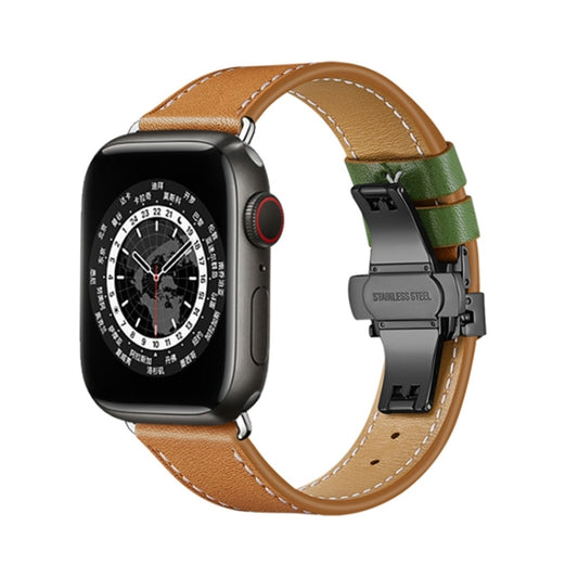 Butterfly Buckle Genuine Leather Watch Band For Apple Watch Series 9&8&7 41mm / SE 3&SE 2&6&SE&5&4 40mm / 3&2&1 38mm(Brown-Green+Black Buckle) - Watch Bands by buy2fix | Online Shopping UK | buy2fix