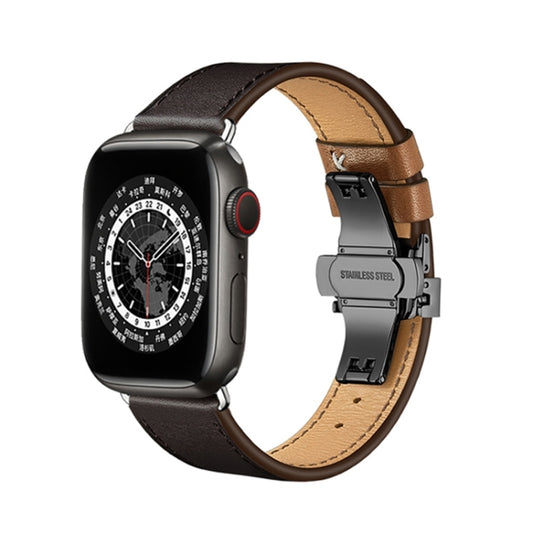 Butterfly Buckle Genuine Leather Watch Band For Apple Watch Series 9&8&7 41mm / SE 3&SE 2&6&SE&5&4 40mm / 3&2&1 38mm(Coffee+Black Buckle) - Watch Bands by buy2fix | Online Shopping UK | buy2fix