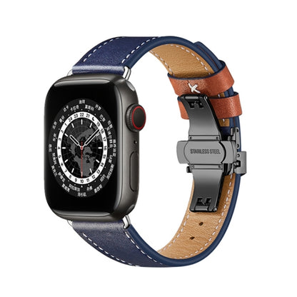 Butterfly Buckle Genuine Leather Watch Band For Apple Watch Series 9&8&7 41mm / SE 3&SE 2&6&SE&5&4 40mm / 3&2&1 38mm(Blue+Black Buckle) by buy2fix