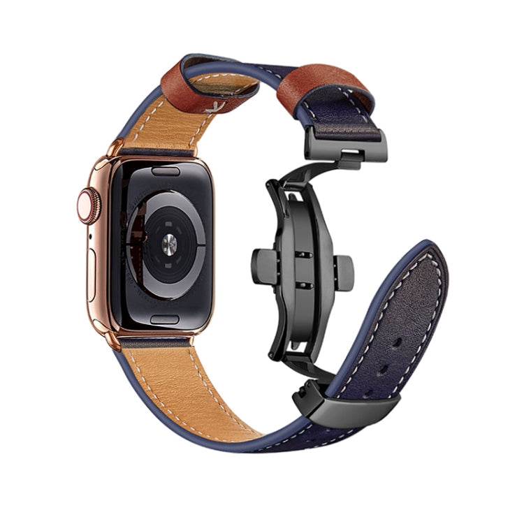 Butterfly Buckle Genuine Leather Watch Band For Apple Watch Series 9&8&7 41mm / SE 3&SE 2&6&SE&5&4 40mm / 3&2&1 38mm(Blue+Black Buckle) by buy2fix