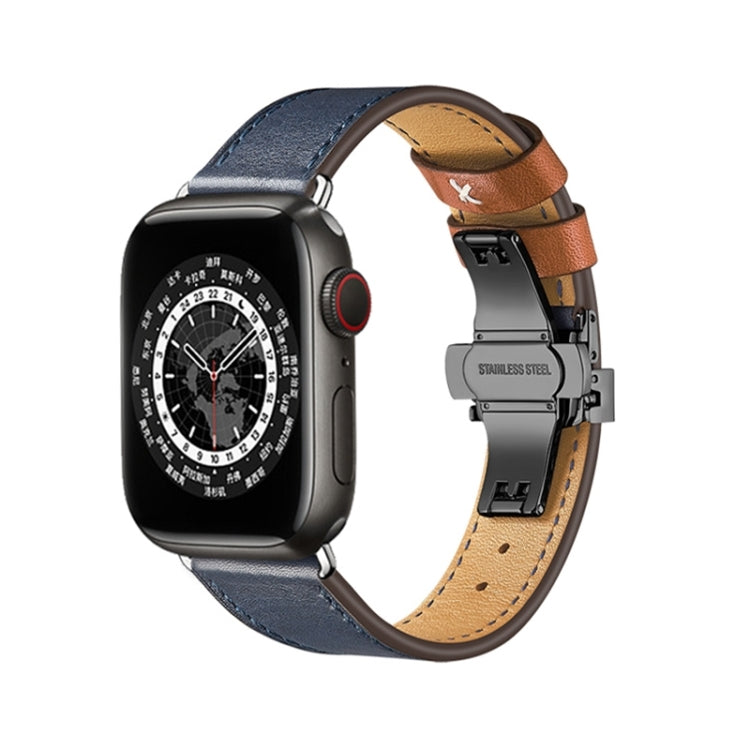 Butterfly Buckle Genuine Leather Watch Band For Apple Watch Series 9&8&7 41mm / SE 3&SE 2&6&SE&5&4 40mm / 3&2&1 38mm(Blue-Brown+Black Buckle) by buy2fix