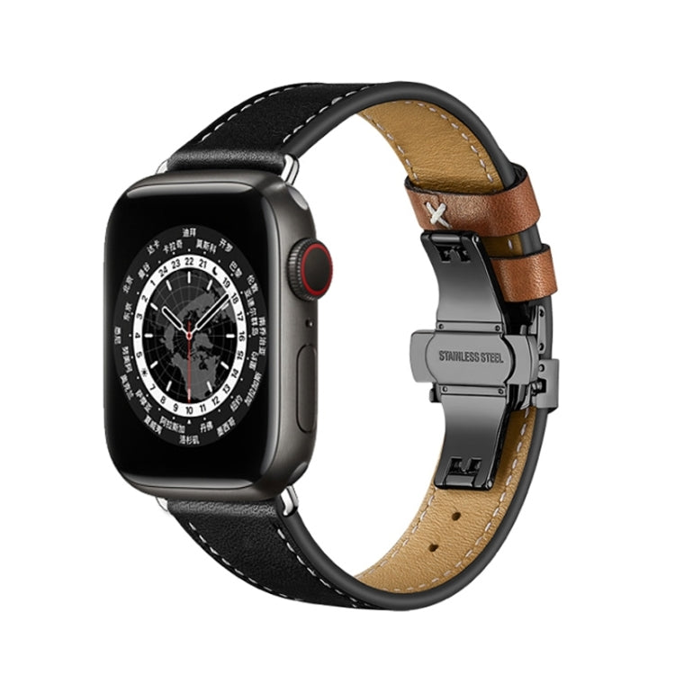 Butterfly Buckle Genuine Leather Watch Band For Apple Watch Series 9&8&7 41mm / SE 3&SE 2&6&SE&5&4 40mm / 3&2&1 38mm(Black-Brown+Black Buckle) by buy2fix