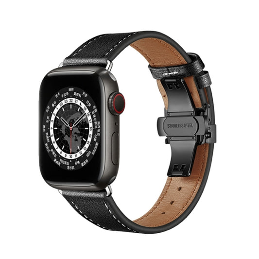 Butterfly Buckle Genuine Leather Watch Band For Apple Watch Series 9&8&7 41mm / SE 3&SE 2&6&SE&5&4 40mm / 3&2&1 38mm(Black+Black Buckle) - Watch Bands by buy2fix | Online Shopping UK | buy2fix