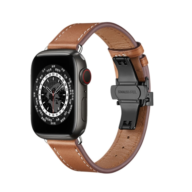 Butterfly Buckle Genuine Leather Watch Band For Apple Watch Series 9&8&7 41mm / SE 3&SE 2&6&SE&5&4 40mm / 3&2&1 38mm(Brown+Black Buckle) by buy2fix