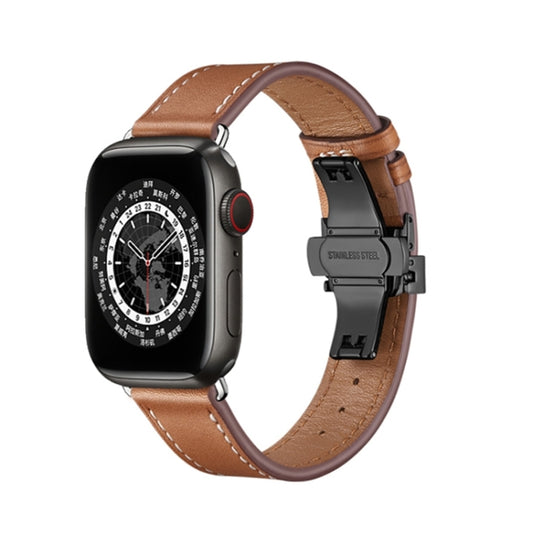 Butterfly Buckle Genuine Leather Watch Band For Apple Watch Series 9&8&7 41mm / SE 3&SE 2&6&SE&5&4 40mm / 3&2&1 38mm(Brown+Black Buckle) - Watch Bands by buy2fix | Online Shopping UK | buy2fix