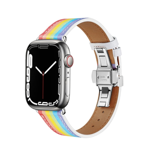 Butterfly Buckle Genuine Leather Watch Band For Apple Watch Series 9&8&7 41mm / SE 3&SE 2&6&SE&5&4 40mm / 3&2&1 38mm(Rainbow+Silver Buckle) - Watch Bands by buy2fix | Online Shopping UK | buy2fix