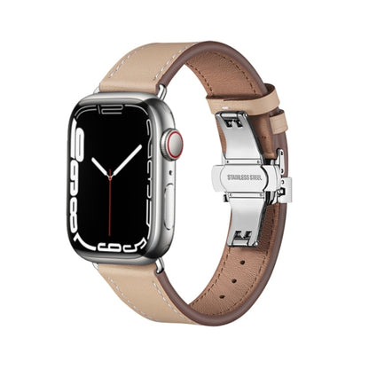 Butterfly Buckle Genuine Leather Watch Band For Apple Watch Series 9&8&7 41mm / SE 3&SE 2&6&SE&5&4 40mm / 3&2&1 38mm(Apricot+Silver Buckle) by buy2fix