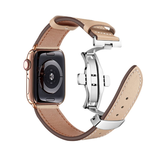 Butterfly Buckle Genuine Leather Watch Band For Apple Watch Series 9&8&7 41mm / SE 3&SE 2&6&SE&5&4 40mm / 3&2&1 38mm(Apricot+Silver Buckle) by buy2fix