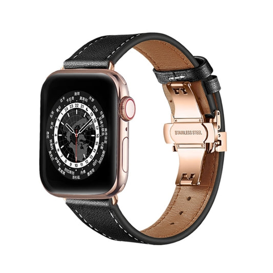 Butterfly Buckle Genuine Leather Watch Band For Apple Watch Series 9&8&7 41mm / SE 3&SE 2&6&SE&5&4 40mm / 3&2&1 38mm(Black+Rose Gold Buckle) - Watch Bands by buy2fix | Online Shopping UK | buy2fix