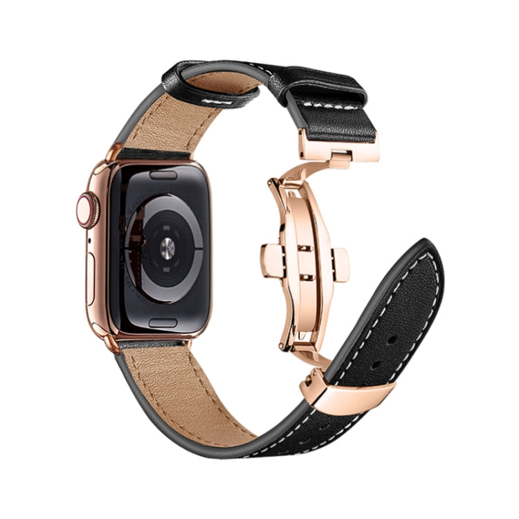 Butterfly Buckle Genuine Leather Watch Band For Apple Watch Series 9&8&7 41mm / SE 3&SE 2&6&SE&5&4 40mm / 3&2&1 38mm(Black+Rose Gold Buckle) by buy2fix