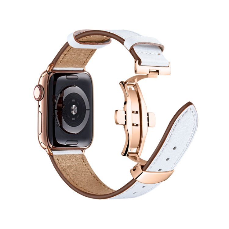 Butterfly Buckle Genuine Leather Watch Band For Apple Watch Series 9&8&7 41mm / SE 3&SE 2&6&SE&5&4 40mm / 3&2&1 38mm(White+Rose Gold Buckle) by buy2fix