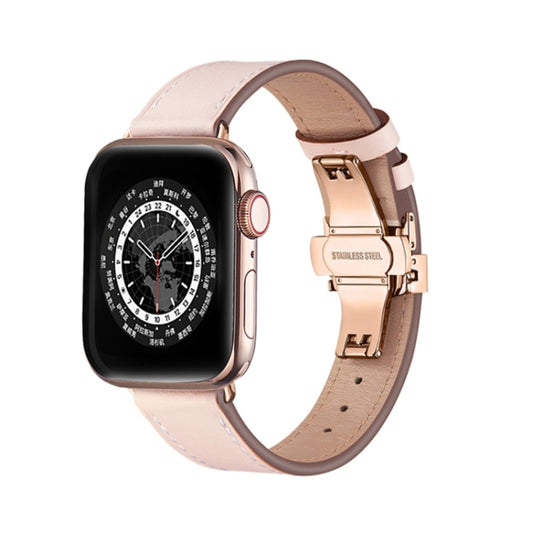 Butterfly Buckle Genuine Leather Watch Band For Apple Watch Series 9&8&7 41mm / SE 3&SE 2&6&SE&5&4 40mm / 3&2&1 38mm(Light Pink+Rose Gold Buckle) - Watch Bands by buy2fix | Online Shopping UK | buy2fix