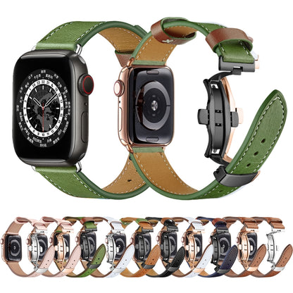 Butterfly Buckle Genuine Leather Watch Band For Apple Watch Series 9&8&7 41mm / SE 3&SE 2&6&SE&5&4 40mm / 3&2&1 38mm(Apricot+Rose Gold Buckle) - Watch Bands by buy2fix | Online Shopping UK | buy2fix