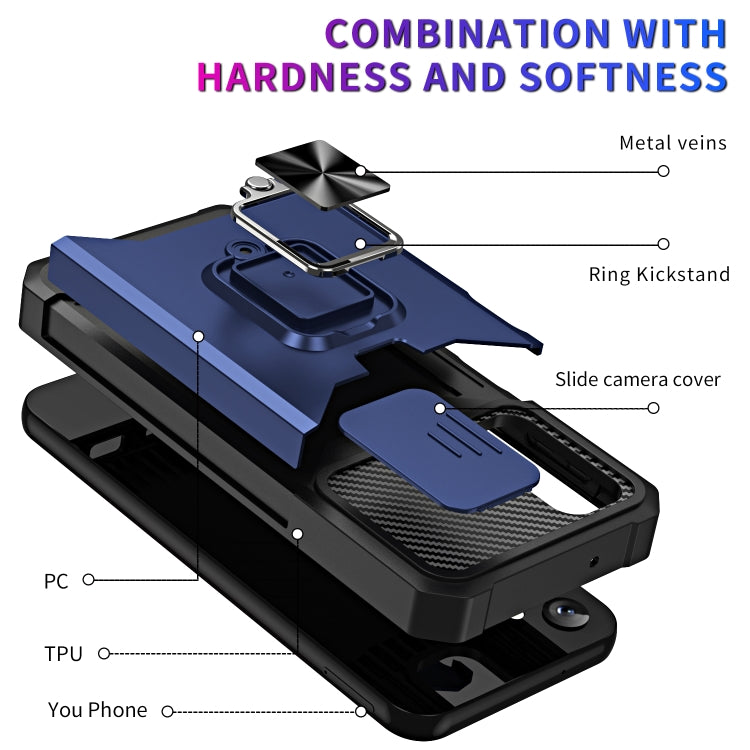 For Samsung Galaxy A14 5G Sliding Camshield Phone Case with Ring Holder & Card Slot(Blue) by buy2fix