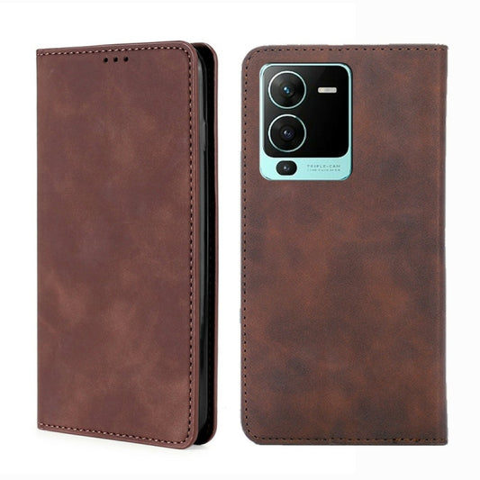 For vivo V25 Pro 5G Skin Feel Magnetic Horizontal Flip Leather Phone Case(Dark Brown) - vivo Cases by buy2fix | Online Shopping UK | buy2fix