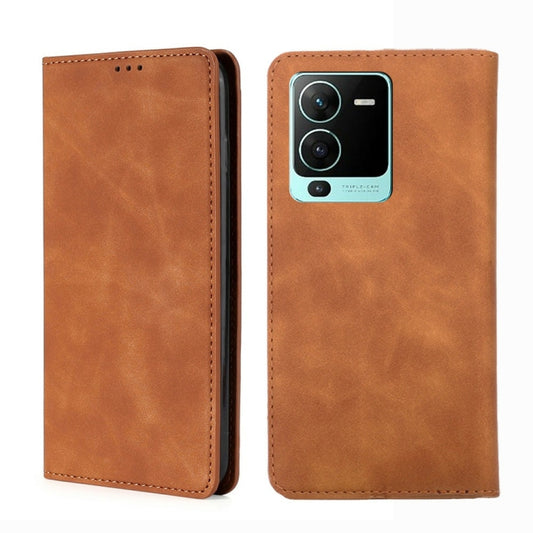 For vivo V25 Pro 5G Skin Feel Magnetic Horizontal Flip Leather Phone Case(Light Brown) - vivo Cases by buy2fix | Online Shopping UK | buy2fix