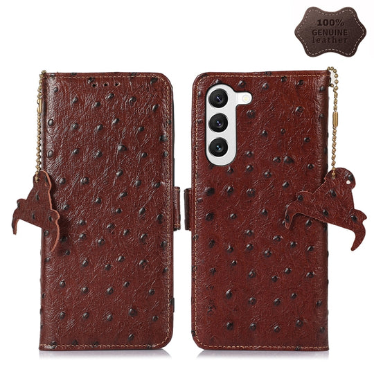 For Samsung Galaxy S22 5G Ostrich Pattern Genuine Leather RFID Phone Case(Coffee)