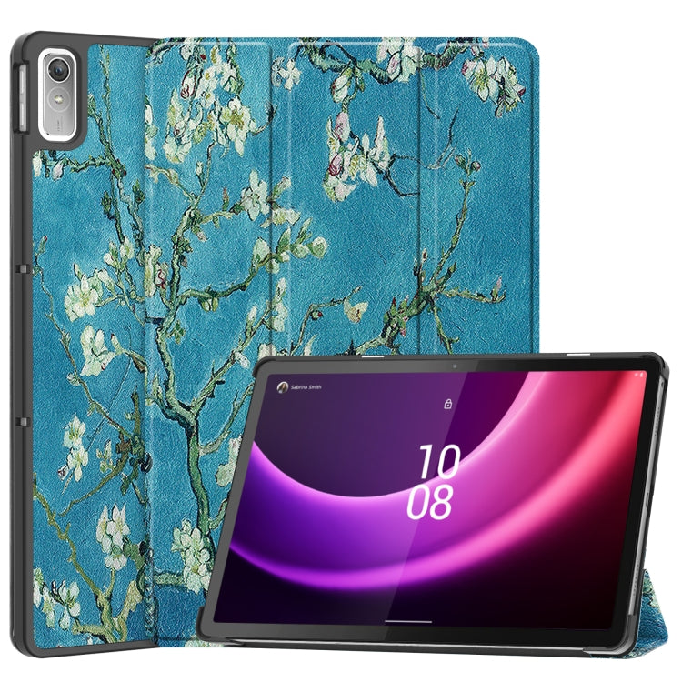 For Lenovo Tab P11 Gen 2 Custer Painted 3-Fold Holder Leather Smart Tablet Case(Apricot Blossom) - Lenovo by buy2fix | Online Shopping UK | buy2fix