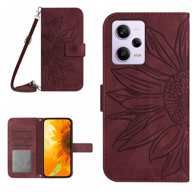 For Xiaomi Redmi Note 12 Pro 5G China Skin Feel Sun Flower Pattern Flip Leather Phone Case with Lanyard(Wine Red) by buy2fix
