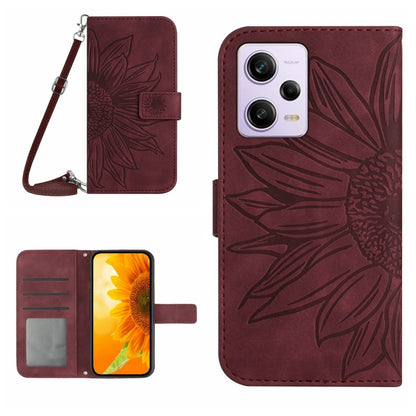 For Xiaomi Redmi Note 12 Pro 5G China Skin Feel Sun Flower Pattern Flip Leather Phone Case with Lanyard(Wine Red) by buy2fix