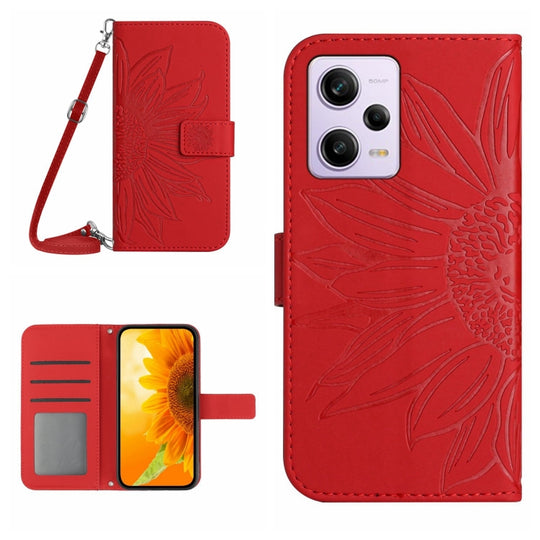 Pour Xiaomi Redmi Note 12 Pro + Chine / Global / Note 12 Explorer Skin Feel Étui de téléphone en cuir à motif de fleur de soleil avec lanière (rouge)