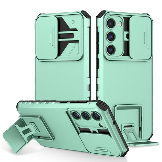 For Samsung Galaxy S23 5G Stereoscopic Holder Sliding Camshield Phone Case(Light Blue)