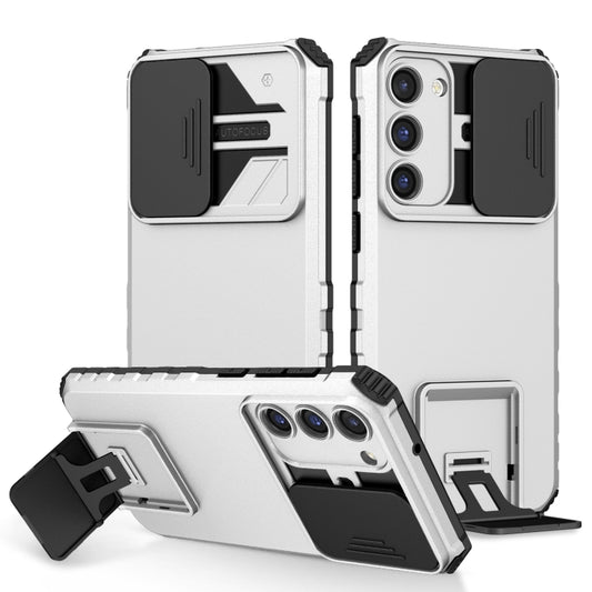 For Samsung Galaxy S23 5G Stereoscopic Holder Sliding Camshield Phone Case(White) - Galaxy S23 5G Cases by buy2fix | Online Shopping UK | buy2fix