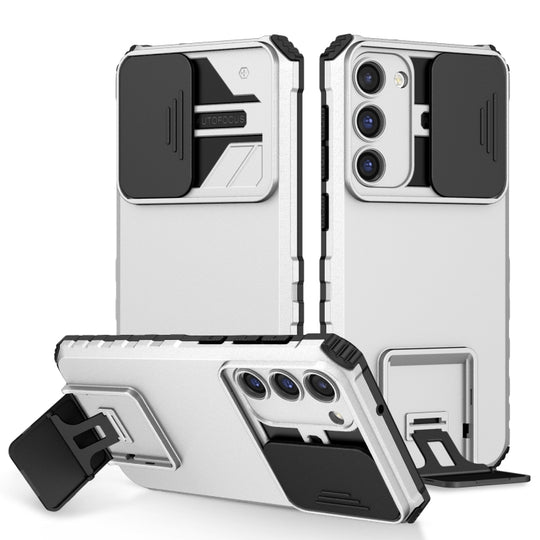 For Samsung Galaxy S23 5G Stereoscopic Holder Sliding Camshield Phone Case(White)