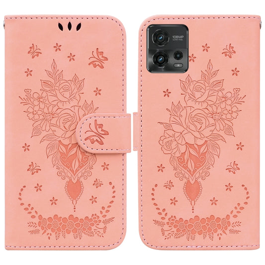 For Motorola Moto G72 Butterfly Rose Embossed Leather Phone Case(Pink) - Motorola Cases by buy2fix | Online Shopping UK | buy2fix