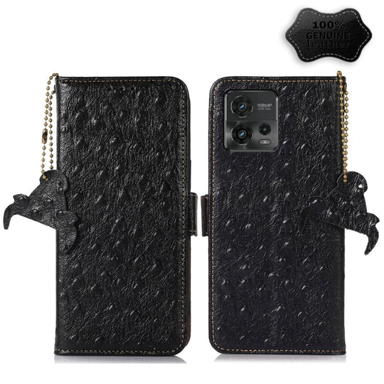 For Motorola Moto G72 4G Ostrich Pattern Genuine Leather RFID Phone Case(Black)
