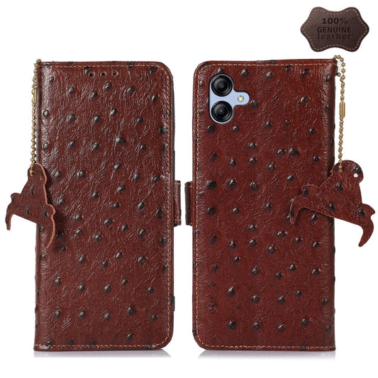 For Samsung Galaxy A04e Ostrich Pattern Genuine Leather RFID Phone Case(Coffee) by buy2fix