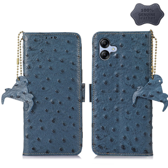 For Samsung Galaxy A04e Ostrich Pattern Genuine Leather RFID Phone Case(Blue)