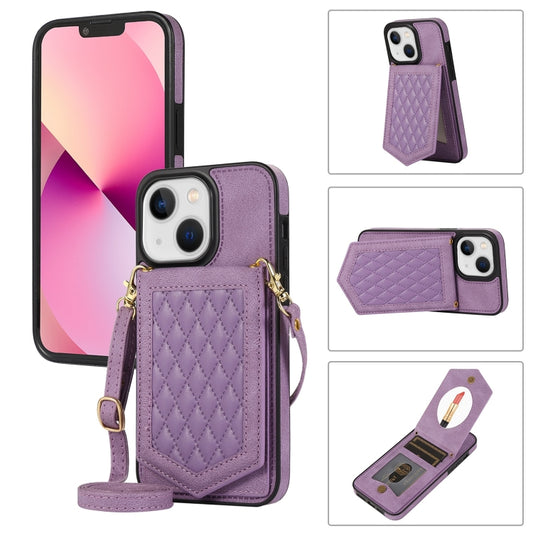 For iPhone 13 mini Rhombic Texture RFID Phone Case with Lanyard & Mirror(Purple) - iPhone 13 mini Cases by buy2fix | Online Shopping UK | buy2fix