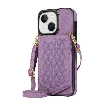 For iPhone 13 mini Rhombic Texture RFID Phone Case with Lanyard & Mirror(Purple) - iPhone 13 mini Cases by buy2fix | Online Shopping UK | buy2fix