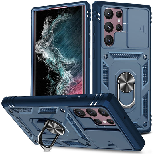 For Samsung Galaxy S22 Ultra 5G Sliding Camera Cover TPU + PC Phone Case(Blue+Blue)