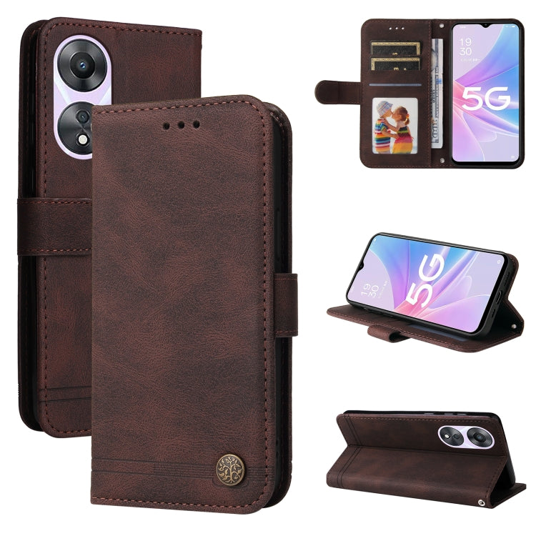 For OPPO A58 5G Skin Feel Life Tree Metal Button Leather Phone Case(Brown) by buy2fix