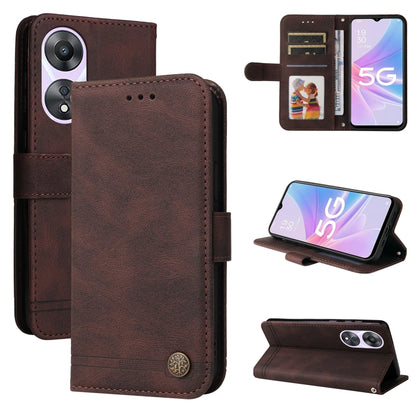 For OPPO A58 5G Skin Feel Life Tree Metal Button Leather Phone Case(Brown) by buy2fix
