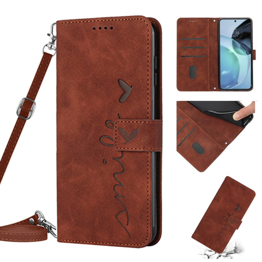 For Motorola Moto G72 Skin Feel Heart Pattern Leather Phone Case with Lanyard(Brown) - Motorola Cases by buy2fix | Online Shopping UK | buy2fix
