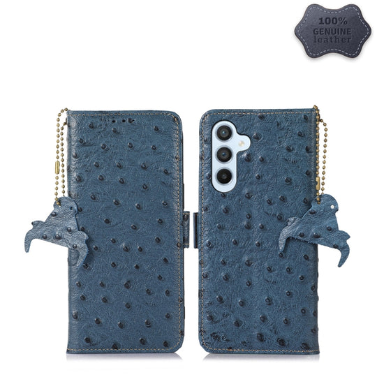 For Samsung Galaxy A34 5G Ostrich Pattern Genuine Leather RFID Phone Case(Blue)